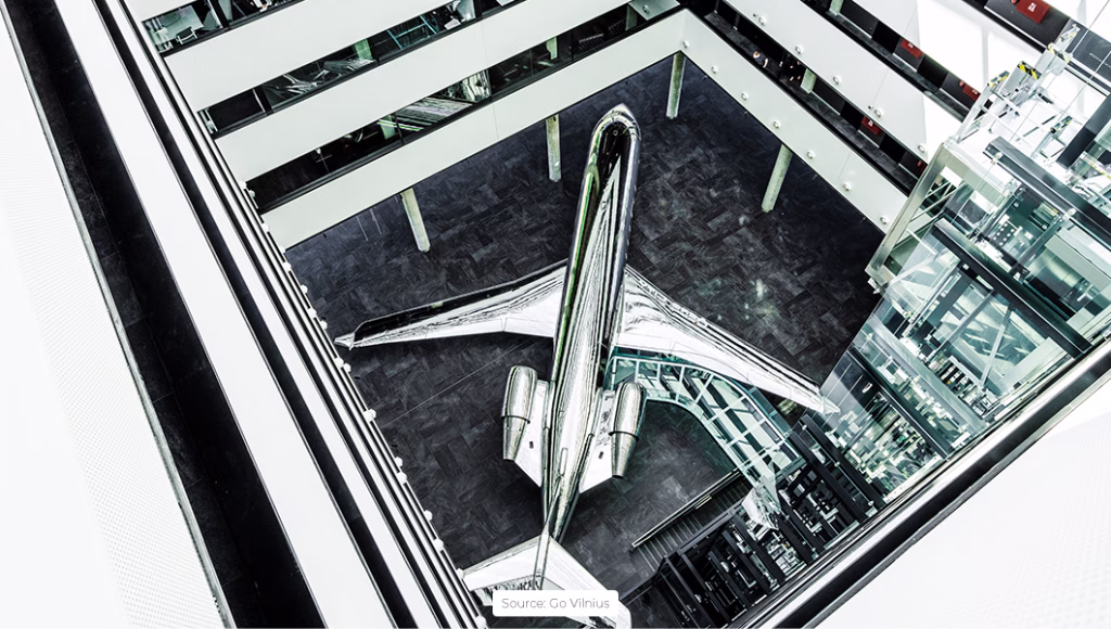 CRJ 200 plane inside the building (AeroCity Aviation Hub in Vilnius, Lithuania)