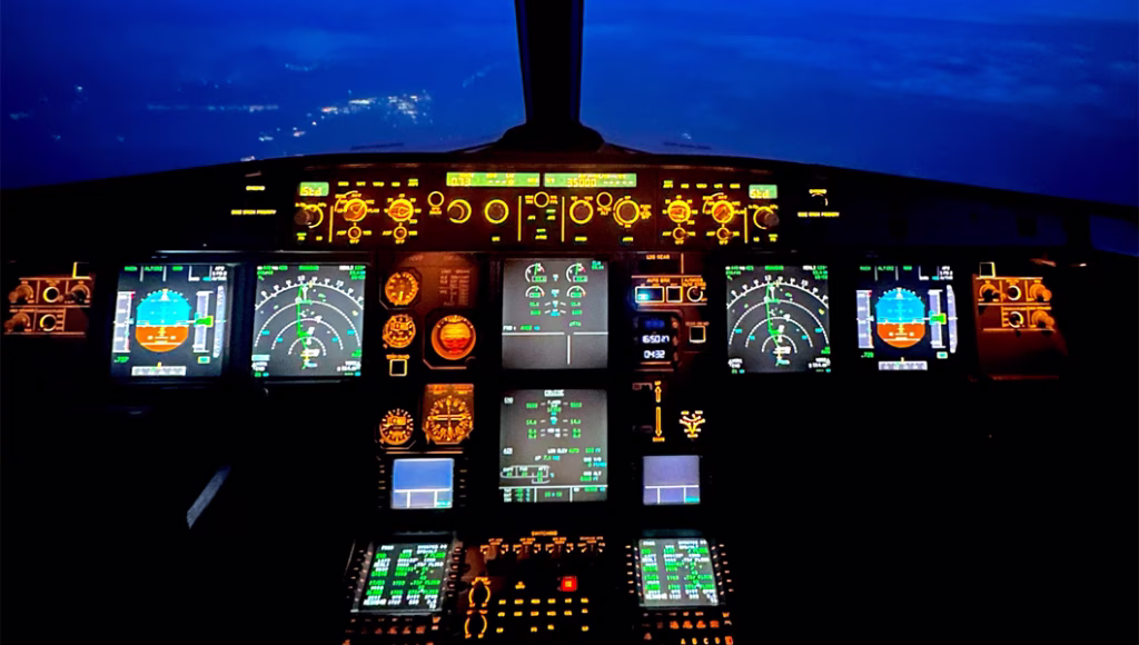 Airline pilot cockpit at night